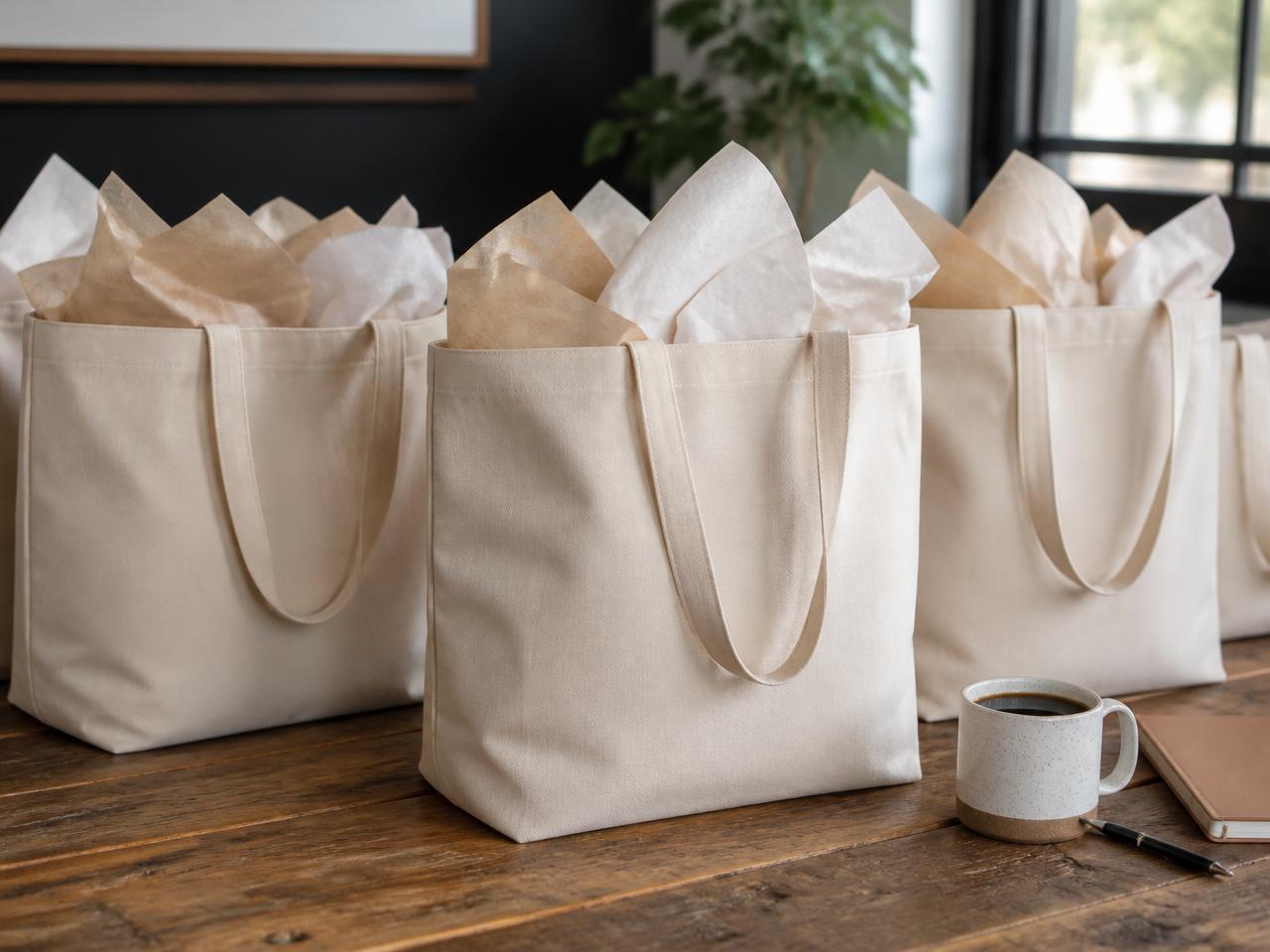 Tote bags en toile écrue préparés comme cadeaux d'entreprise
