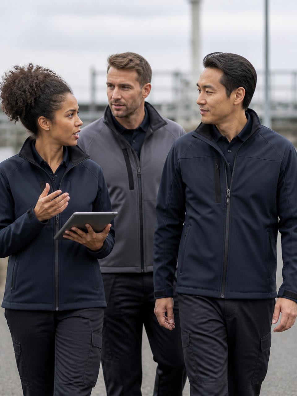 Trois personnes en vestes softshell unies sur un chantier en extérieur