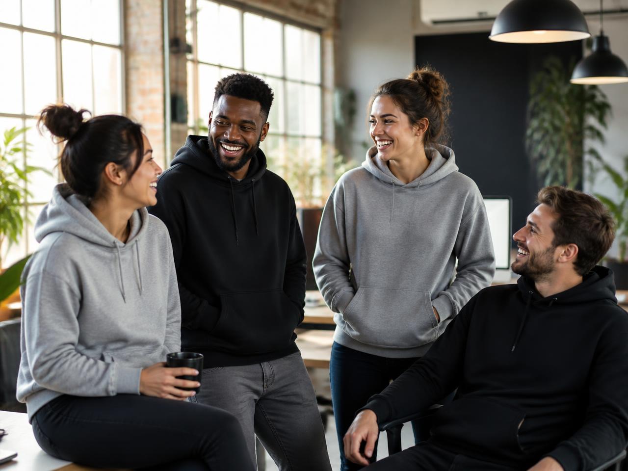 Équipe en sweats à capuche unis dans un bureau lumineux